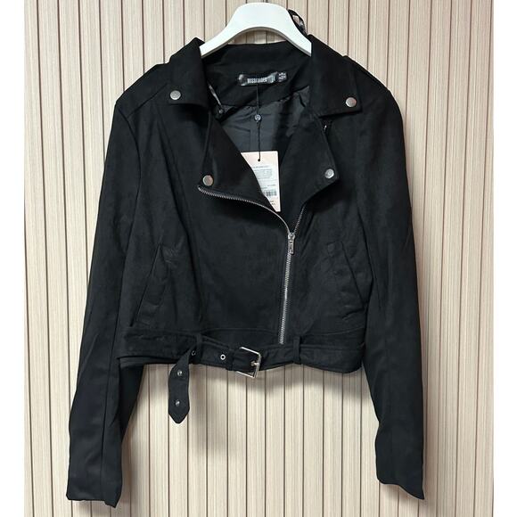 Missguided Crop Suedette Biker Jacket Black Size 6 - Picture 1 of 10